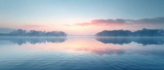 Fototapeta premium Clear background of a calm lake at dawn, with mist rising and soft pastel colors, perfect for peaceful themes