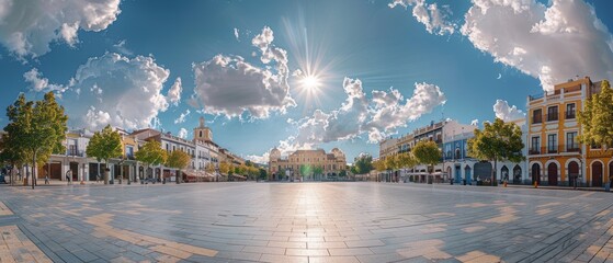 Clear midday sky with a few cumulus clouds over a bustling city park, perfect for a sunny and...