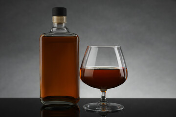 Bottle and glass with whiskey on table against gray background