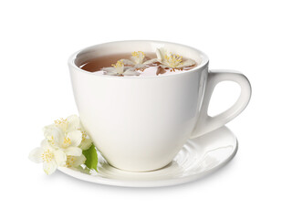 Aromatic jasmine tea in cup and flowers isolated on white