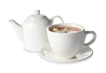 Aromatic jasmine tea in cup, flowers and teapot isolated on white