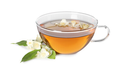 Aromatic jasmine tea in cup, flowers and green leaves isolated on white