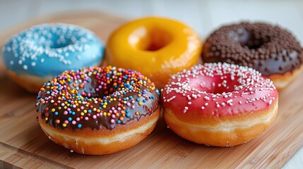 A diverse collection of donuts featuring brightly colored icing and sprinkles displayed on a wooden cutting board, capturing the essence of a delightful snack time.