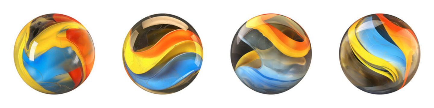 Set of decorative glass marbles with vibrant colors, semi-transparent alpha channel