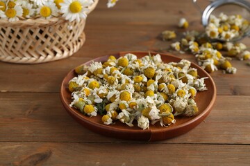Dry and fresh chamomile flowers on wooden table