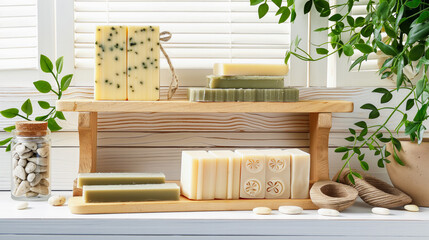 Handicraft soap , dry shampoo bars and waterless personal care products made from natural ingredients on wooden shelf. Suitable for blogs and articles about sustainable living and natural beauty.