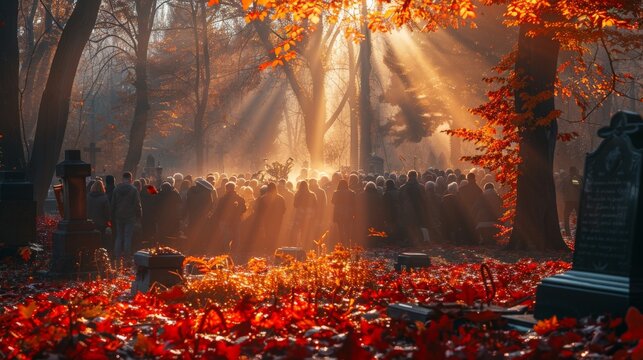 A solemn gathering of people at a funeral service in a cemetery during autumn, with sunlight filtering through trees. 