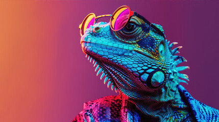 Obraz premium Stylish lizard in glasses, brilliantly lit by vibrant neon lights