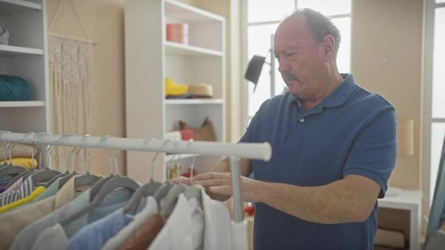 A mature man thoughtfully selects clothes from a rack in a brightly lit, well-organized room.