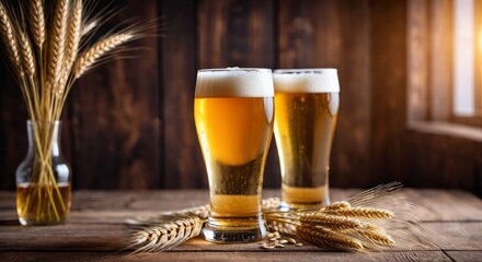 Glasses of light beer with spikelets of barley on the wooden background.  Copy space for text