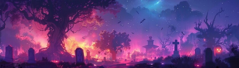 Naklejka premium 3D scene of a spooky graveyard with digital skeletons and glowing tombstones, eerie and vibrant atmosphere