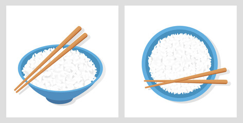 Set of rice bowl with chopsticks on white backgrounds vector.