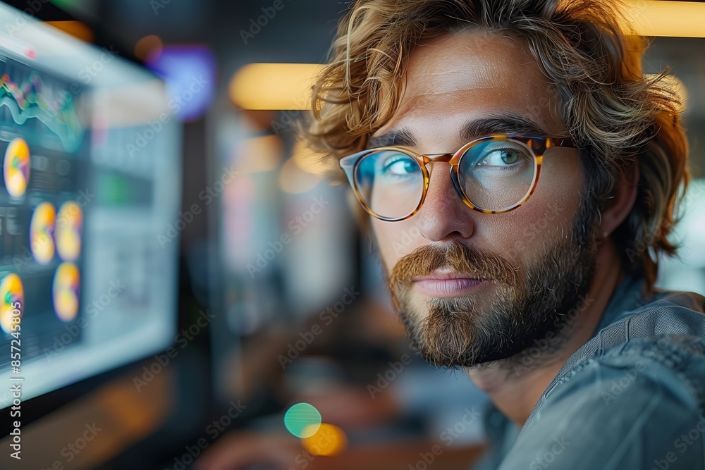 Poster man with beard and glasses working on computer in office