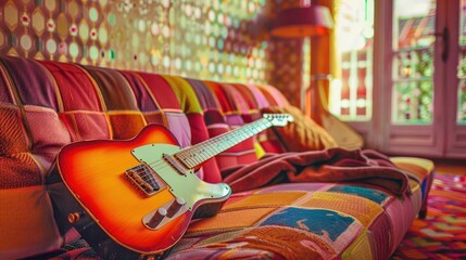Fototapeta premium Retro electric guitar in a 1970s living room, vibrant colors, patterned wallpaper, wideangle shot, groovy vibe, vintage filter