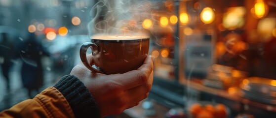 Close-up of a hand holding a cup of steaming coffee