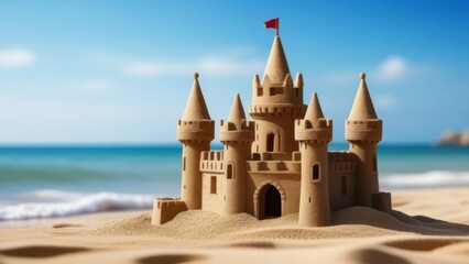 Sand castle with a flag on the ocean coast.