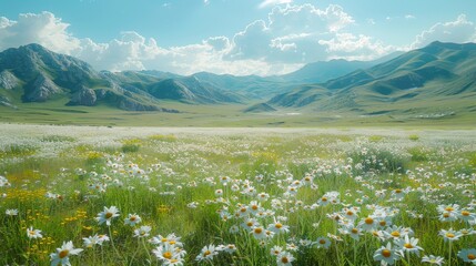 Obraz premium Beautiful spring and summer natural landscape with blooming field of daisies in the grass in the hilly countryside. 