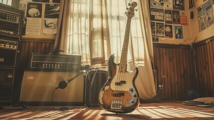Antique bass guitar in a 1970s rock band practice room, faded posters, sunlight through curtains, wideangle shot, classic ambiance