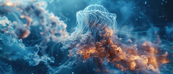 Fototapeta premium Close-up of a jellyfish pulsating, delicate tentacles, bioluminescent glow, clear water, sharp details, ethereal and mesmerizing scene, -high definition