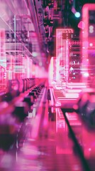 Fototapeta premium Automated customs inspection with holographic data, Soft pink neon, Futuristic, Sharp focus, Digital art