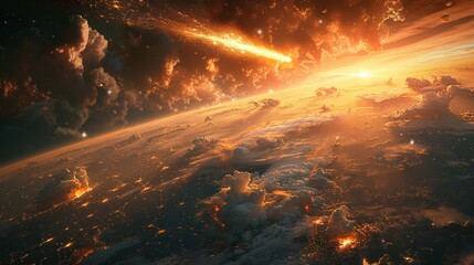 Obraz premium Apocalyptic scene depicting a catastrophic meteor impact on Earth with fiery clouds and debris in space