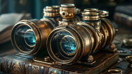 A vintage black and white camera with an old lens isolated on a white background