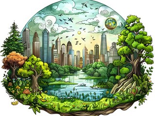 Illustration of various landscapes: a forest with trees, a lone tree in a field, and a scenic view with trees and a house