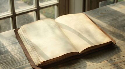 Open old book on wooden table with sunlight coming through window