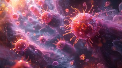 Close-up view of a red virus particle with spiky protrusions floating in a dark, murky environment, illustrating the concept of infection and disease.