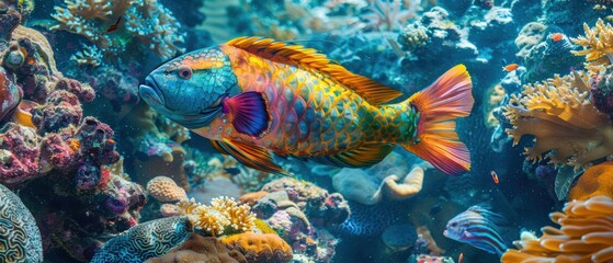 Obraz premium Close-up of a parrotfish feeding on coral, vibrant colors and textures, clear water, detailed capture, serene and peaceful scene, -high definition
