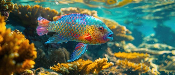 Naklejka premium Close-up of a parrotfish grazing on coral, vibrant colors and textures, clear water, detailed capture, serene and peaceful scene, -high definition