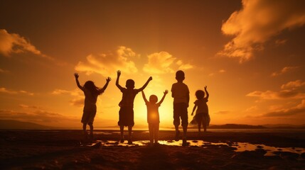 Fototapeta premium Silhouette of children playing at sunset with arms raised, set against a vibrant orange sky with scattered clouds, creating a joyful and carefree atmosphere.