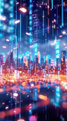 Fototapeta premium Futuristic cityscape at night with vibrant neon lights, digital elements, and a high-tech atmosphere showcasing modern urban life.