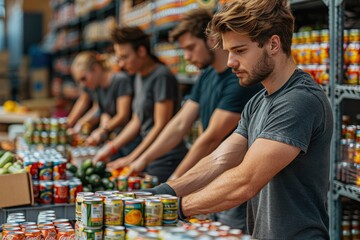 A group of volunteers sorting donations at a food bank, organizing canned goods and fresh produce on shelves, and packing boxes for distribution. 