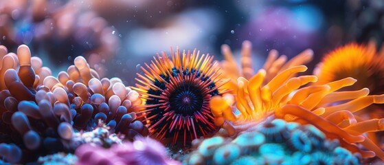 Fototapeta premium Close-up of a sea urchin among corals