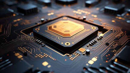 Fototapeta premium High-Resolution Image of a Microchip Embedded in a Circuit Board with Glowing Elements. Generative AI