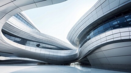 Fototapeta premium A futuristic building with alien-inspired curves and materials, viewed from a slanted perspective to emphasize its unconventional design and sci-fi movie inspiration.