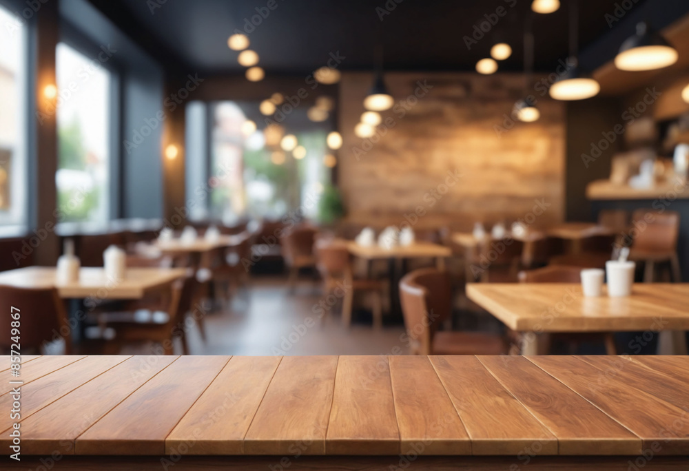 Poster mockup with wooden table in blurred restaurant background - product display