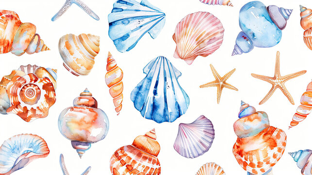 Seashell Watercolor Illustration isolated on white