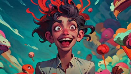 Mental disorder, bipolar, personality disorder, psychology illustration concept. Crazy person, colorful cartoon animation 4k