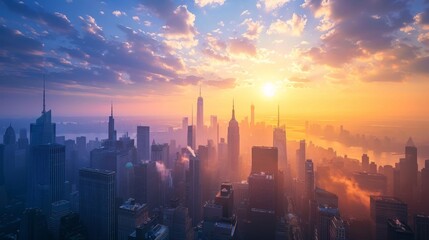 A panoramic view of a city skyline with the sun rising behind towering skyscrapers, illuminating the urban landscape.