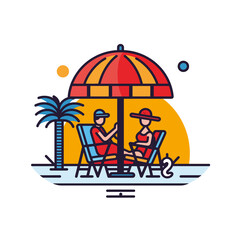 Obraz premium clipart vector illustration of a young couple or friends sitting on deck xchairs with palm tree, parasol, umbrella, sea, sunny