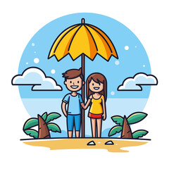 clipart vector illustration of a cute young couple or friends standing on a beach, with palm trees, parasol, umbrella, sea