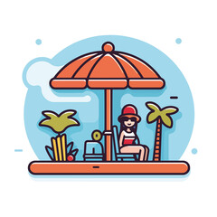 clipart vector illustration of a young woman sitting on a deck chair on a beach, with palm trees, parasol, umbrella