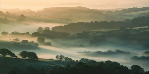 Misty green hills and valleys in the morning light