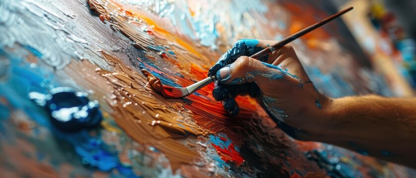Close-up of an artist's hand painting on a canvas