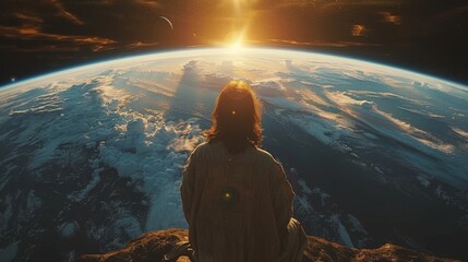Jesus as the redeemer watching over the earth from space