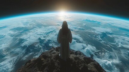 Jesus as the redeemer watching over the earth from space