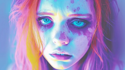 Obraz premium A close-up portrait of a womans face with blue eyes and pink hair