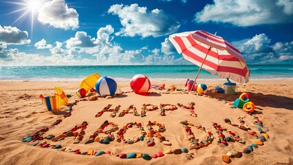 A scenic beach scene with a Happy Labor Day sign in the sand, Labor day